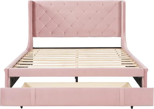Vista 72 de SOFTSEA Cama de plataforma tapizada tamaño Queen con cajón de almacenamiento, marco de cama tapizado con cabecera con respaldo de alas, soporte