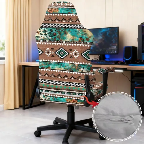 Vista 4 de Suobstales Aztec Leopard American Tribal Pattern Gaming Chair Cover Stretch Slipcover with Armrest Covers, Washable Elastic Protector Universal
