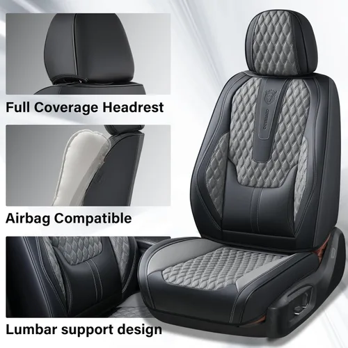 Vista 3 de Coverado Fundas de asiento de cuero para automóvil, fundas impermeables para asiento delantero de automóvil con soporte lumbar, ajuste universal