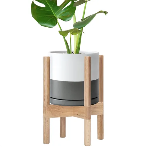 Vista 40 de D'vine Dev Maceta de cerámica con soporte de ébano – Maceta redonda moderna de 8 pulgadas con soporte para maceta de madera, color negro, 55-B-M-2