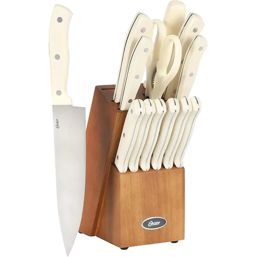 Vista 10 de Oster Ginley Juego de 18 cuchillos de cocina de acero inoxidable de alto carbono con ABS triple remachado forjado mango bloque de madera - negro
