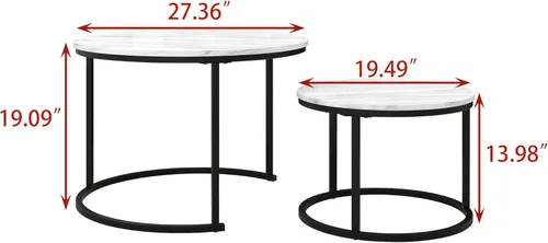 Vista 2 de HOJINLINERO Juego de 2 mesas de café redondas anidables, mesas auxiliares para sala de estar, mesa de café circular y de mármol con estructura