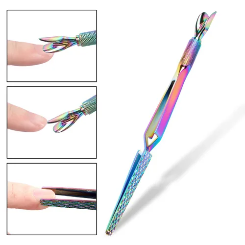 Vista 3 de Herramientas coloridas de acero inoxidable para arte de uñas, empujador de cutículas, multifunción, pinzas para moldear uñas postizas, herramienta