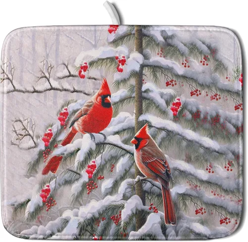 Vista 124 de Tapete de secado de platos con diseño de pájaro rojo de Feliz Navidad, absorbente y de secado rápido, protector para encimera de cocina, 18 x 24