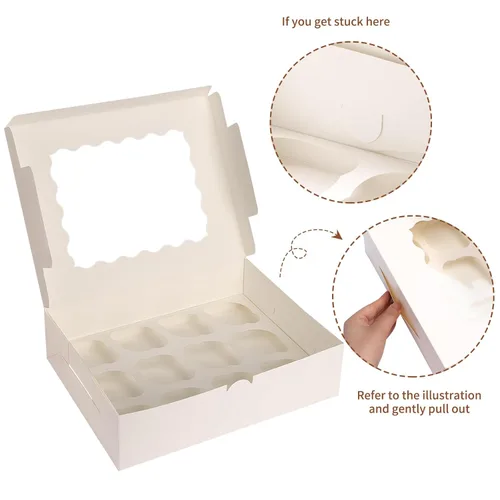 Vista 4 de TOMNK 20 cajas para magdalenas, Cajas para cupcakes de 12 unidades, contenedores blancos de 13 x 10 x 3.5 pulgadas para panadería con ventanas e