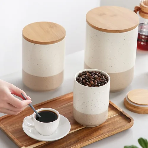 Vista 6 de vancasso Sabine - Juego de recipientes para encimera de cocina, recipientes de cocina de cerámica de 74/36/18 onzas con tapas herméticas de bambú
