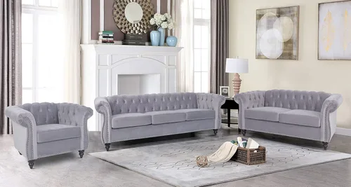 Vista 29 de RARZOE Juego de 3 piezas de muebles de sala de estar, sofá Chesterfield de terciopelo moderno, silla de club Chesterfield y sofá de dos plazas Mango