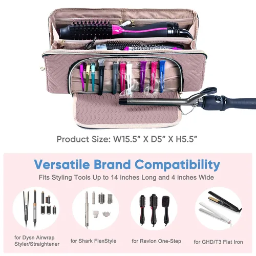 Vista 3 de Bolsa de Viaje Grande para Herramientas de Cabello con Alfombrilla Resistente al Calor - Organizador de Herramientas de Cabello 2 en 1 para Cepillo