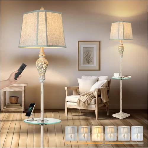 Vista 12 de LuxSight Collection Lámpara de pie rústica de 65 pulgadas de alto con pantalla de tela de lino de esquina de corte de luz nocturna, lámpara de pie