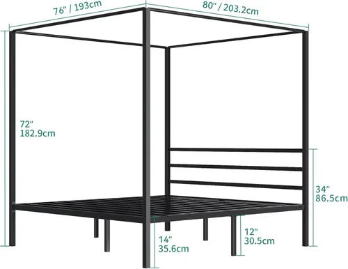 Vista 2 de YITAHOME Marco de Cama con Dosel de Metal de Cuatro Postes, Plataforma de 14 Pulgadas con Cabecera Incorporada, Soporte de Colchón con Listones