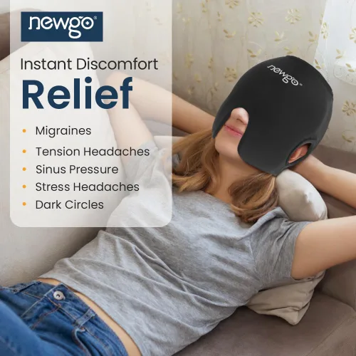 Vista 2 de NEWGO Gorro para aliviar el dolor de cabeza de migraña, bolsa de hielo de gel de migraña suave con cobertura completa y salidas de oídos