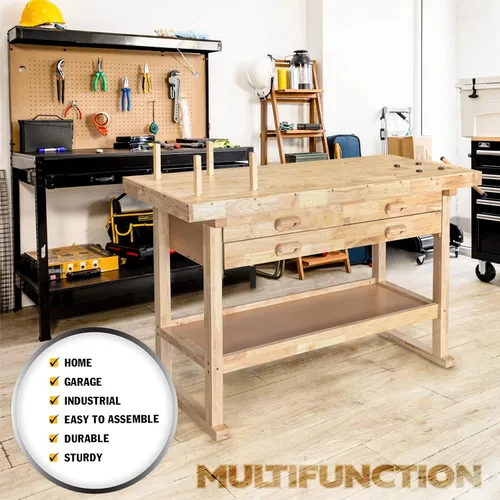 Vista 3 de Olympia Tools Banco de trabajo de madera dura de goma de 60 pulgadas con 4 cajones, capacidad de peso de 450 libras, mesa de trabajo de madera