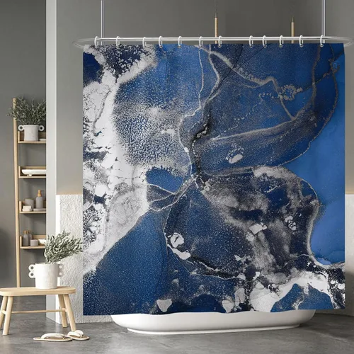 Vista 123 de Baocicco Cortina de ducha de mármol azul abstracto a rayas, decorativa, textura de lujo, línea moderna, decoración de acuarela, juego de cortinas