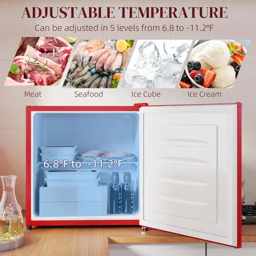 Vista 3 de HOMCOM Mini congelador, congelador vertical compacto de 1.1 pies cúbicos con estantes extraíbles, puerta reversible para el hogar, dormitorio