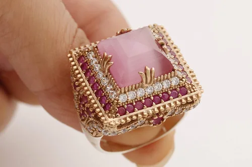Vista 5 de Joyería turca hecha a mano con forma cuadrada de ojo de gato rosa y corte redondo, topacio rubí rosa 925 y opciones de tamaño de anillo de bronce