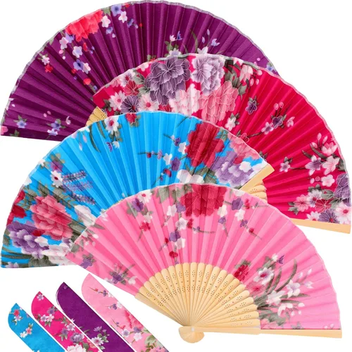 Vista 12 de Zonon Paquete de 4 abanicos plegables florales de mano, abanicos de bambú de seda con borla para mujer, ventilador plegable de mano ahuecado