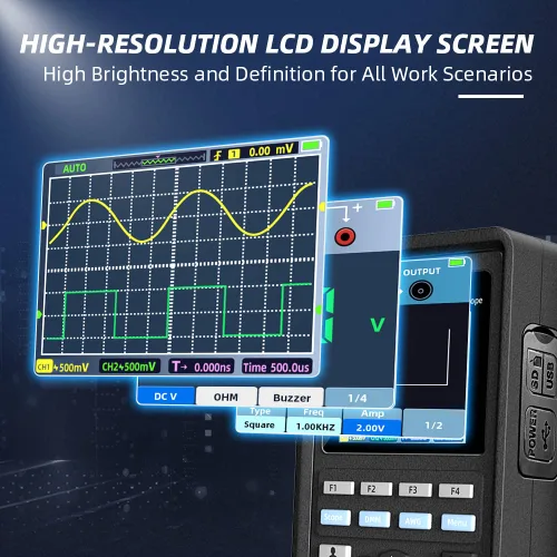 Vista 3 de Hantek Osciloscopio de mano 3 en 1, osciloscopio digital automático de 40 MHz 2 canales, multímetro, generador de forma de onda con pantalla LCD a