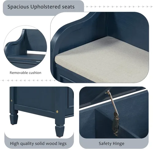 Vista 5 de P PURLOVE Banco de almacenamiento de estilo rústico de 42 pulgadas con bisagra de seguridad, banco de almacenamiento multifuncional de madera maciza