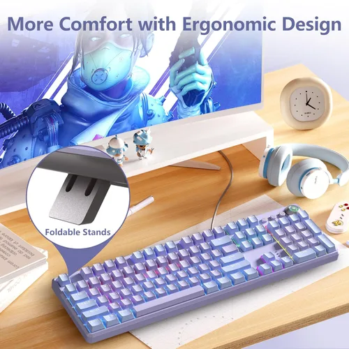 Vista 7 de AULA Teclado F2088 Pro, teclado mecánico morado de 108 teclas con retroiluminación RGB arco iris, cubierta superior extraíble, perilla estética