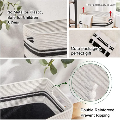 Vista 4 de OIAHOMY - Cesta de lavandería de 91L, cesta de lavandería XXXL, cesta plegable de cuerda de algodón, cesta de almacenamiento tejida para mantas