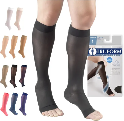Vista 17 de Truform Medias de compresión transparentes, 15-20 mmHg, longitud hasta la rodilla para mujer, punta abierta, 20 denier, beige, talla S