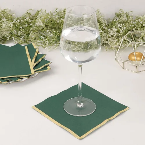 Vista 243 de Efavormart 50 Pack Servilletas de papel para fiestas de 2 capas suaves verde oliva con borde dorado de oro, servilletas para cenas, cócteles