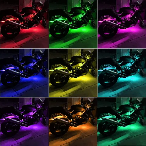 Vista 2 de Juego de 6 luces LED RGB para motocicleta con aplicación y control remoto IR, kit de luz LED de neón multicolor para motocicleta, Harley Davidson