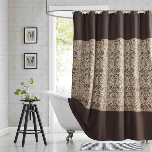 Vista 28 de Cortina de ducha larga de tela, cortinas de ducha de damasco bohemio con estampado de paisley en vino burdeos y oro amarillo, cortinas impermeables