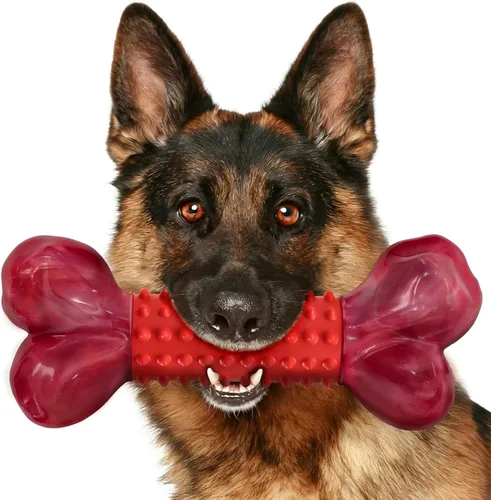 Vista 10 de Apasiri Juguetes resistentes para perros masticadores agresivos de raza grande, hueso para masticar con sabor a tocino, juguete masticable de nailon