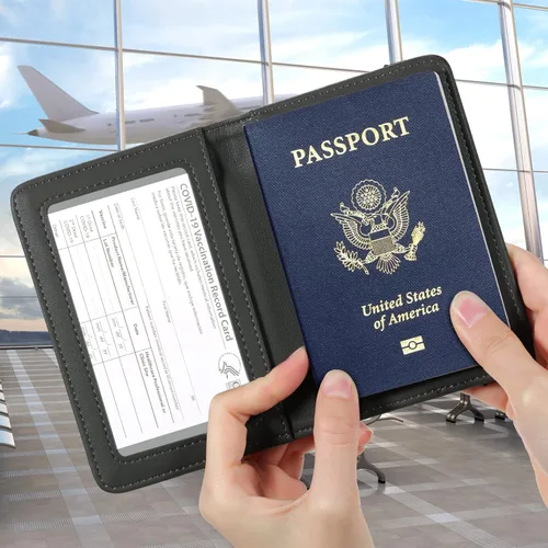 Vista 5 de Travelambo Cartera para pasaporte, funda de cuero para viaje, con bloqueo Rfid para hombres y mujeres, Vacuna Combo Gris Profundo, Cartera Rfid