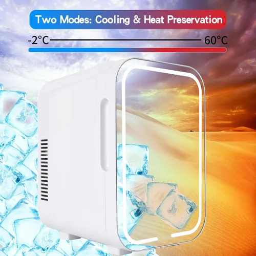 Vista 5 de Mini refrigerador con puerta de espejo y luces LED ajustables - Refrigerador cosmético para el cuidado de la piel de 8L para dormitorio, residencia