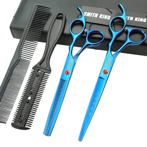 Vista 19 de Juego de tijeras de corte de cabello de 5.5 pulgadas con peines de afeitar, estuche de tijeras de cuero, tijeras de corte de cabello, tijeras