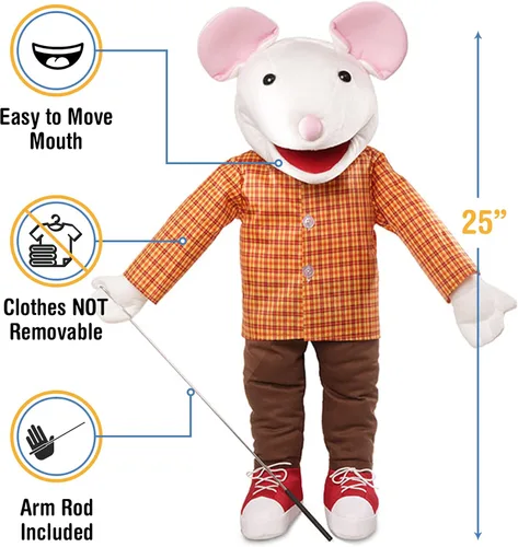 Vista 2 de Ratón de 25 pulgadas con zapatillas, cuerpo completo, estilo ventrílocuo, marioneta animal