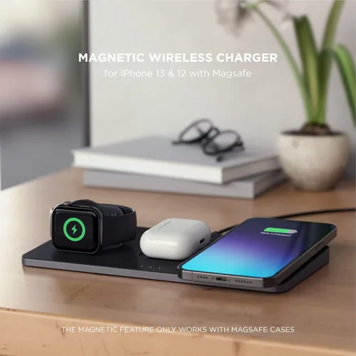 Vista 4 de Satechi Trio - Cargador inalámbrico con almohadilla magnética, certificado Qi, compatible con iPhone 16 Pro Max/16 Pro/16/16 Plus, AirPods Pro/Gen