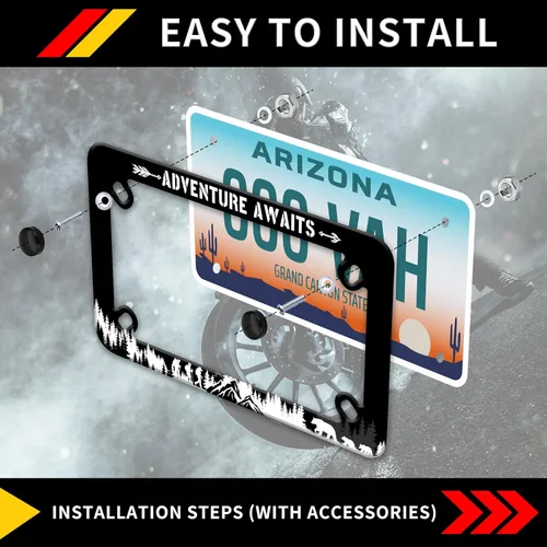 Vista 5 de Marco de placa de motocicleta Adventure Awaits de montaña, material de acero inoxidable, divertido soporte para placa de motocicleta, accesorios