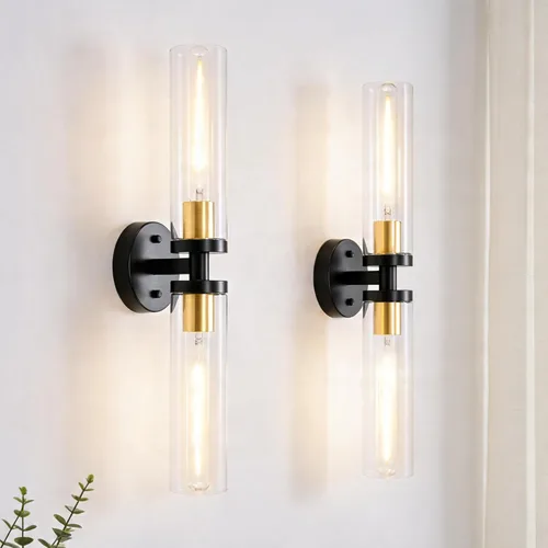 Vista 14 de Juego de 2 apliques de pared, lámparas de baño cableadas, iluminación de pared moderna para tocador de baño con pantalla de vidrio transparente