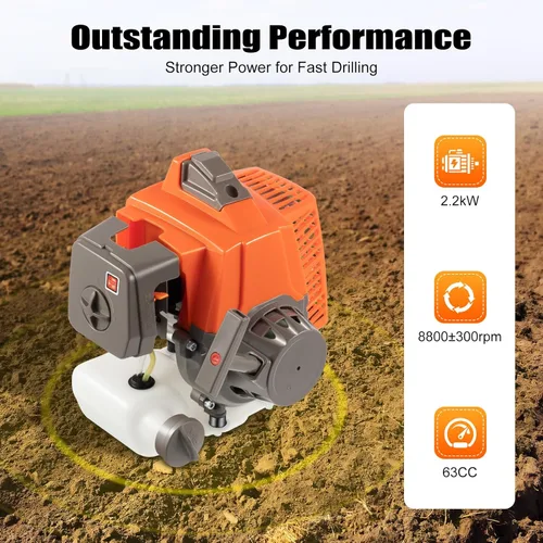 Vista 5 de Excavadora de agujeros para postes de 63CC de 2 tiempos, 3HP, a gas - Excavadora de agujeros para postes con barrena de tierra con diseño