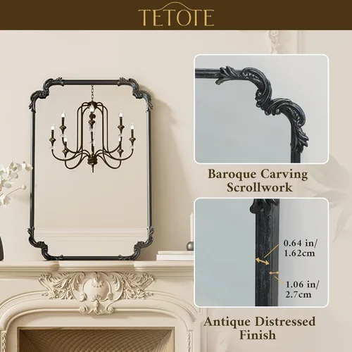 Vista 3 de TETOTE Espejo rectangular negro barroco vintage para pared, 22 x 30 pulgadas, marco de desplazamiento antiguo, espejo de manto francés