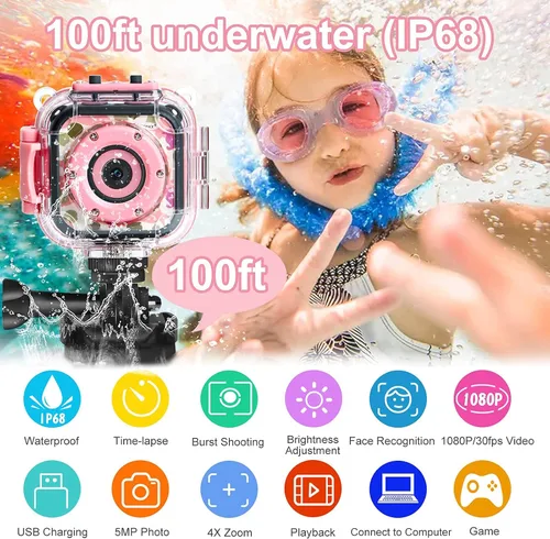 Vista 2 de PROGRACE Cámara para niños impermeable - Cámaras de video digitales para niños, cámara subacuática, juguete de regalo de cumpleaños de Navidad