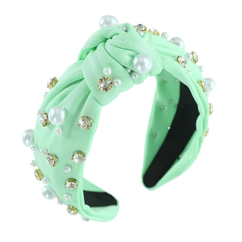Vista 41 de Diadema anudada de perlas para mujer, diadema con brillantes diamantes de imitación, adornada con cristales, diadema ancha con nudo, accesorio