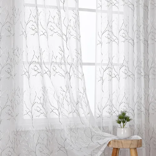 Vista 59 de VISIONTEX Juego de 2 paneles de cortinas traslúcidas blancas de 63 pulgadas de largo, con bordado de coral beige, bolsillo para barra, cortinas