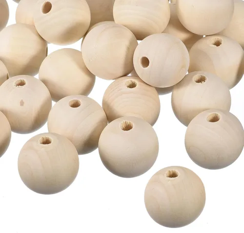 Vista 9 de uxcell 60 cuentas espaciadoras de madera natural de 0.866 in, agujero grande de 0.197 in, cuentas redondas de madera sin terminar para manualidades