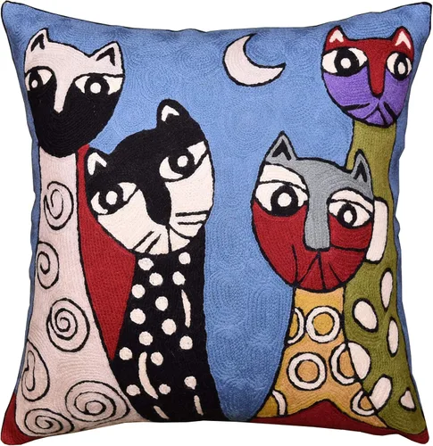 Vista 4 de Funda de almohada lumbar Picasso - Cojín abstracto de gatitos azules - Lana bordada a mano tamaño 14 x 20 Almohada lumbar Blue Cats