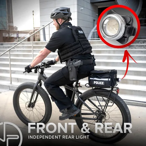 Vista 6 de PS1200 Luz delantera y OPTIKS 210 trasera para bicicleta de policía, luz estroboscópica roja/azul, recargable, resistente al agua, 5 modos