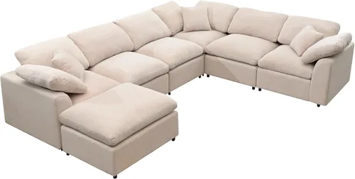 Vista 5 de Sofá modular de gran tamaño con otomana, lujoso juego de sofá modular en forma de L, sofá modular reversible de 7 plazas para sala de estar y beige