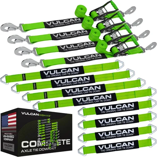 Vista 14 de VULCAN Kit completo de amarre de correa de eje con correas de trinquete de gancho a presión, amarillo clásico, incluye (4) correas de eje de 22