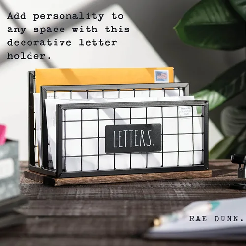 Vista 3 de Rae Dunn Soporte para cartas de escritorio, organizador de mesa con 2 compartimentos, acero galvanizado y madera maciza, elegante y elegante