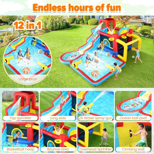 Vista 2 de AKEYDIY Bounce House - Tobogán acuático 12 en 1 con olas de cascada, casa inflable de rebote de tobogán acuático, rebote de salpicaduras
