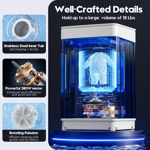 Vista 4 de Auertech Lavadora portátil de 18 libras, lavadora portátil totalmente automática con pantalla LED, 7 ciclos de lavado, 4 niveles de agua, lavadora