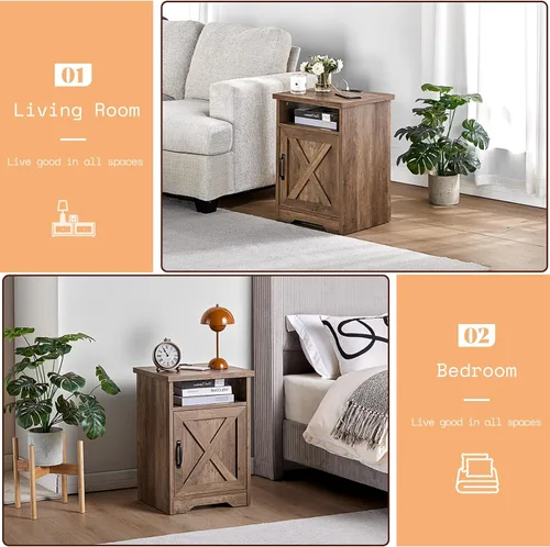 Vista 3 de AMERLIFE Juego de mesa de 3 piezas estilo granja incluye mesa de centro y dos mesas auxiliares, mesa lateral con estación de carga y puertos USB